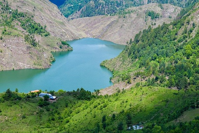 Kashmir valley panorama from above with Srinagar Dal Lake and Himalayan mountain range